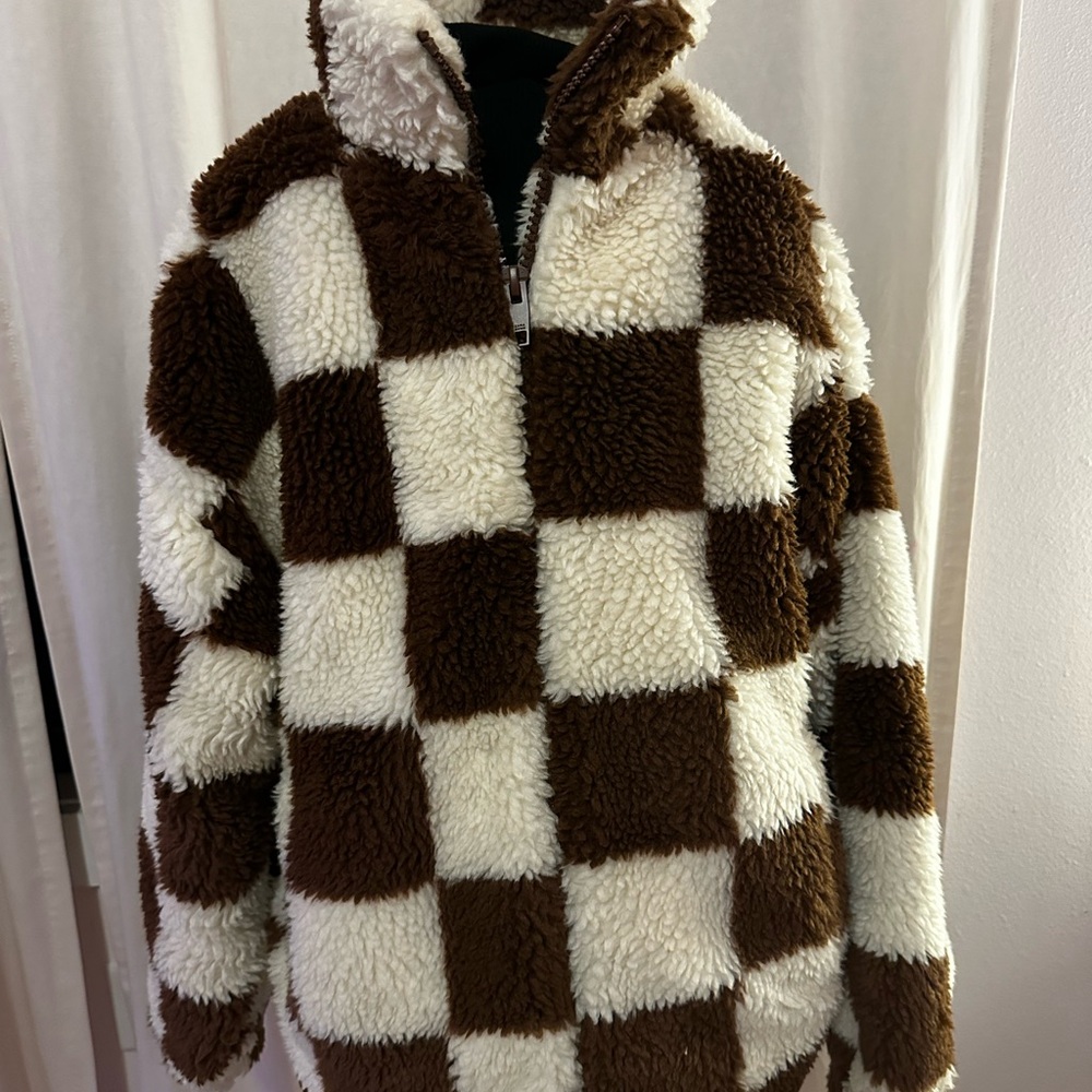 Zara Brown and Cream Checkered Zip-Up Sweater- Sherpa - Picture 2 of 7